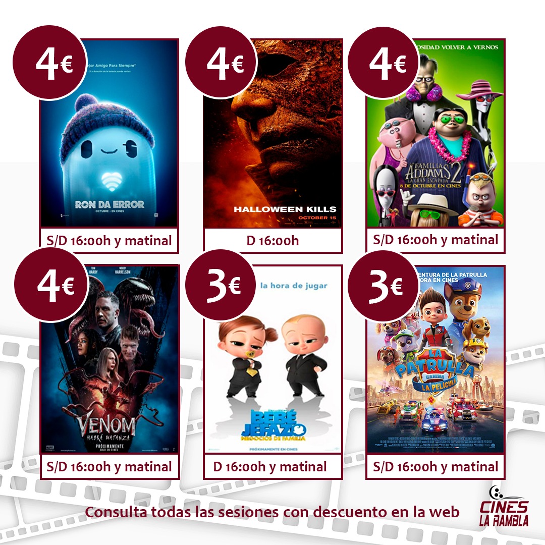 CINESLARAMBLA's tweet photo. 🎬 OFERTA ESPECIAL DEL FIN DE SEMANA.
👉 El viernes, sábado y domingo podrás ver Halloween Kills, Ron da error, Venom: Habrá matanza, El buen patrón, La Familia Addams 2, Las Leyes de la frontera, Madres paralelas y Maixabel por solo 5,50€ https://t.co/AVUPfajHmi