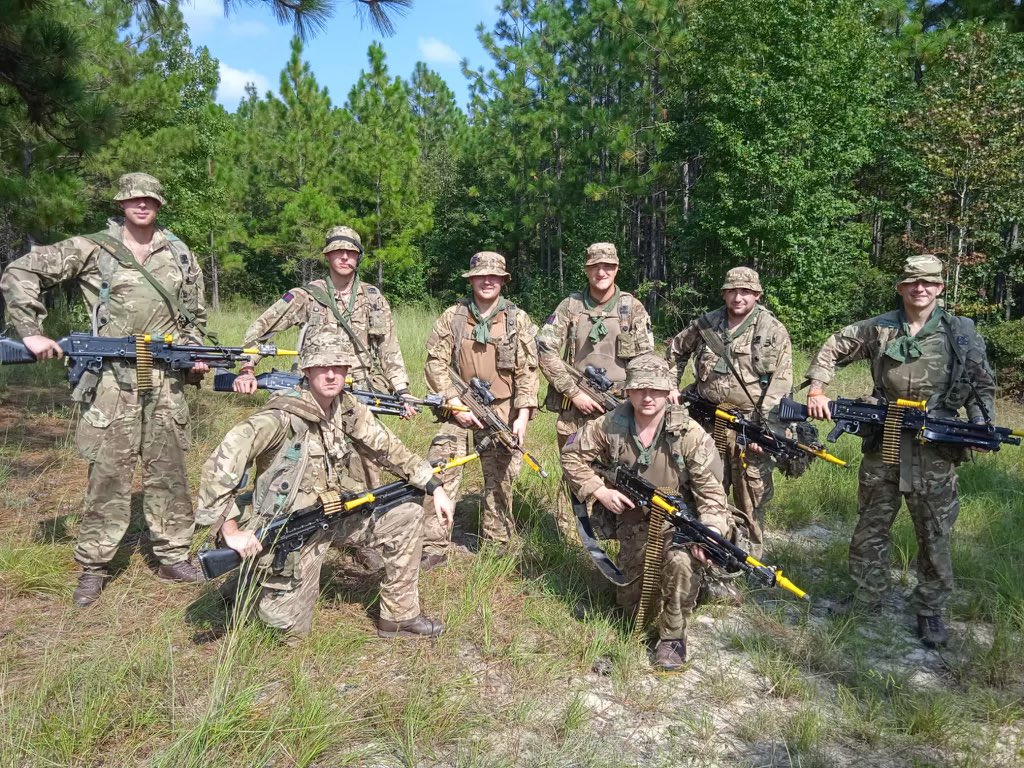 This is the Irish Guards Machine Gun Platoon on exercise in the USA. Can you spot Cpl Phillips a reservist from W Coy… No, because Reservists regularly work with regular army units performing to the required standard and more.  #IrishGuards