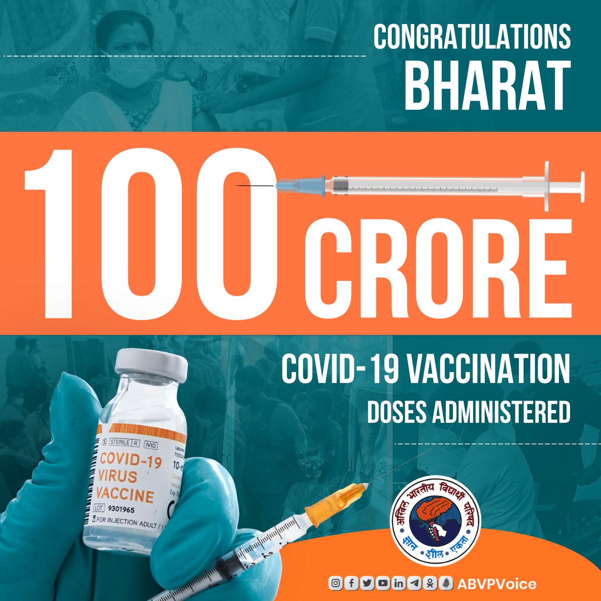 ABVPVoice's tweet photo. Congratulations Bharat for achieving the landmark milestone of administering 100 crore vaccination doses.

ABVP salutes relentless effort by our Scientists, doctors, nurses and all health workers who lead the way to beat this pandemic.

#VaccineCentury https://t.co/lHei6rqEl9