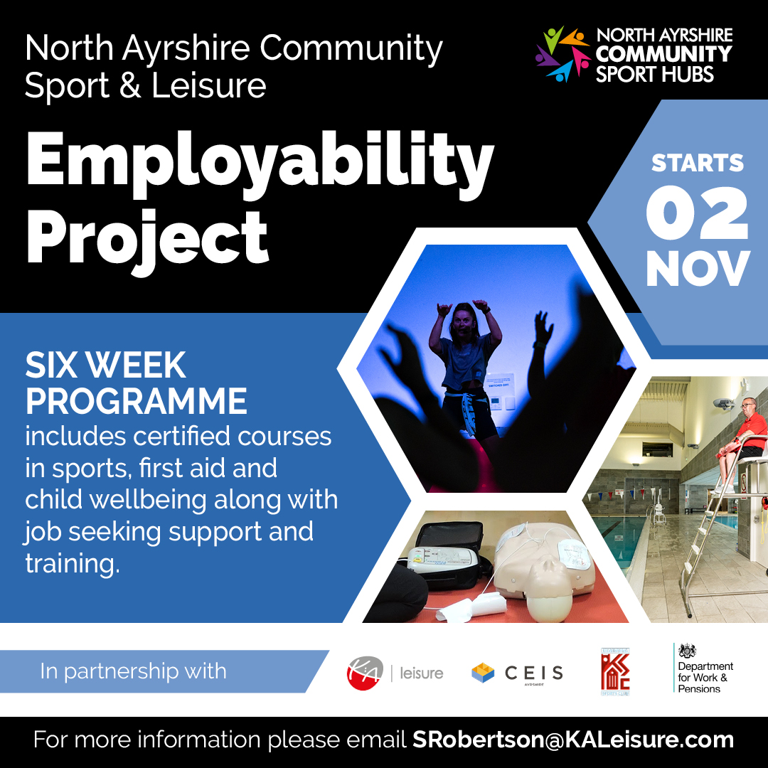 KALeisure's tweet photo. North Ayrshire Community Sport &amp; Leisure Employability Project in partnership with KA Leisure, @KilwinningSC, @CEISAyrshire &amp; the DWP.
Training &amp; support for unemployed individuals seeking a career or further education in sport/leisure/physical activity
📧SRobertson@KALeisure.com https://t.co/UWc9wRKBGn