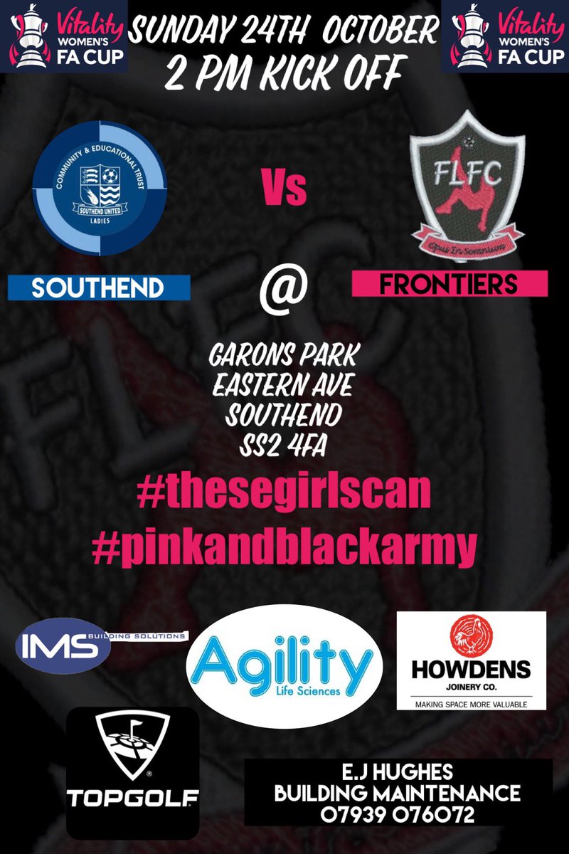 frontiersladies's tweet photo. Sunday we head to the coast to face @SouthendUtdLFC in the @VitalityWFACup 3rd qualifying round with the winner going through to the first round proper of the FA cup 👊🏻💗🖤 #letsgo #J4J https://t.co/YFdhyj45MN