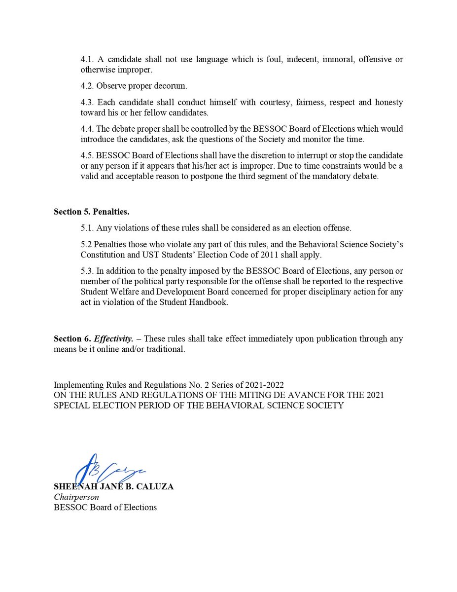 BESSOCBOE's tweet photo. IMPLEMENTING RULES AND REGULATIONS NO. 2
SERIES OF 2021-2022
 
RE: ON THE RULES AND REGULATIONS OF THE MITING DE AVANCE FOR THE 2021 SPECIAL ELECTION PERIOD IN THE BEHAVIORAL SCIENCE SOCIETY

RSO-A3-21-22-56
#84992 https://t.co/GVmLKkUIuz