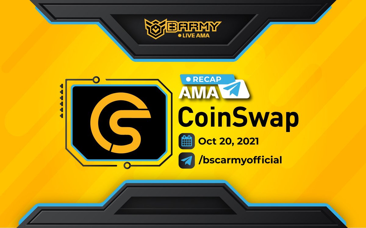BARMYGROUP's tweet photo. #BSCArmy x #CoinSwap AMA Recap

Our Tele #AMA with @CoinSwap_ was amazing! The guest revealed lots of cool things about their project!

Check out the full AMA #Recap here: https://t.co/X8AQQHZp9v https://t.co/DbYsbxxeuH