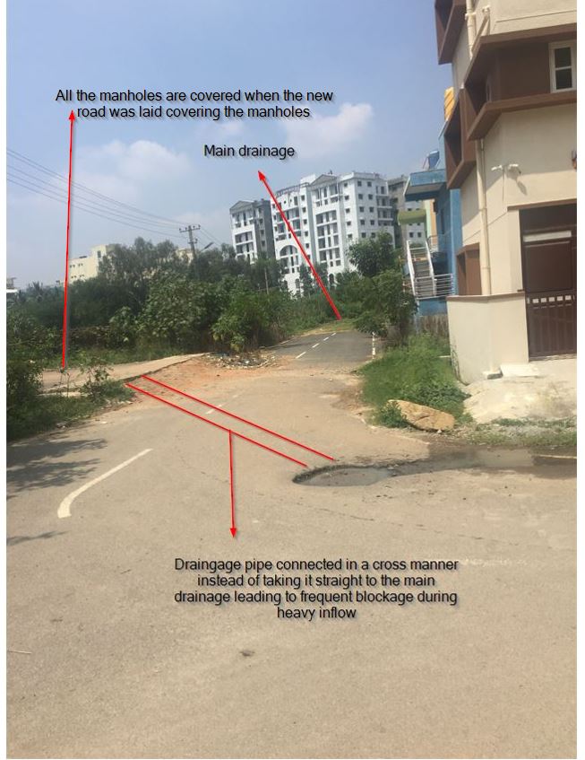 Shivankq's tweet photo. @msrbommanahalli Sir these pictures show the repetitive issue of drainage overflow in-front my house .The BWSSB workers came &amp; said they cant do anything since the road is tarred and they cant find the manholes.I request you help .Ward:191. https://t.co/iXh1VLfXwW