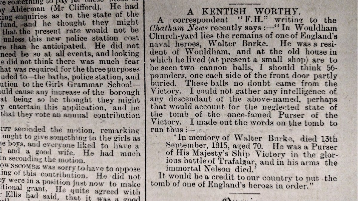 kent_archives's tweet photo. #Wouldham village has an enduring #TrafalgarDay tradition of honouring the memory of Walter Burke, purser on HMS Victory, who is buried in All Saints' Churchyard. Burke was present at the death of #Nelson. His gravestone was rediscovered and restored in 1894.
@wouldhamprimary https://t.co/4hVmdNuChx