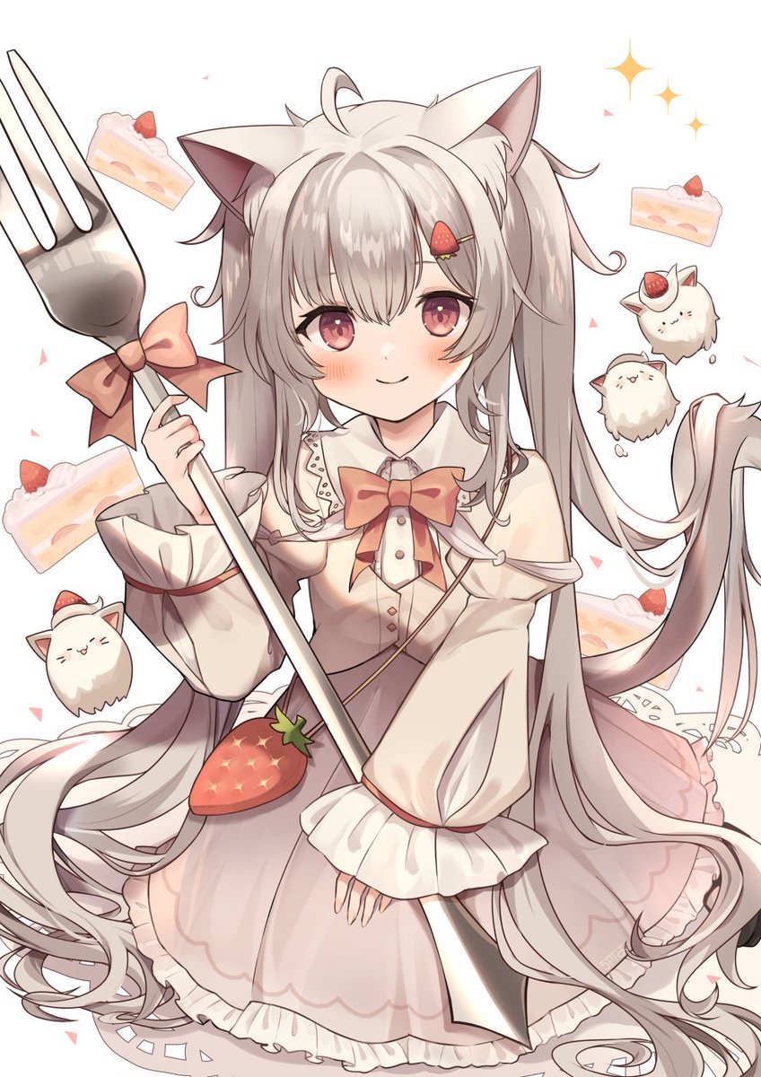 1girl fork animal ears food tail strawberry cat ears  illustration images