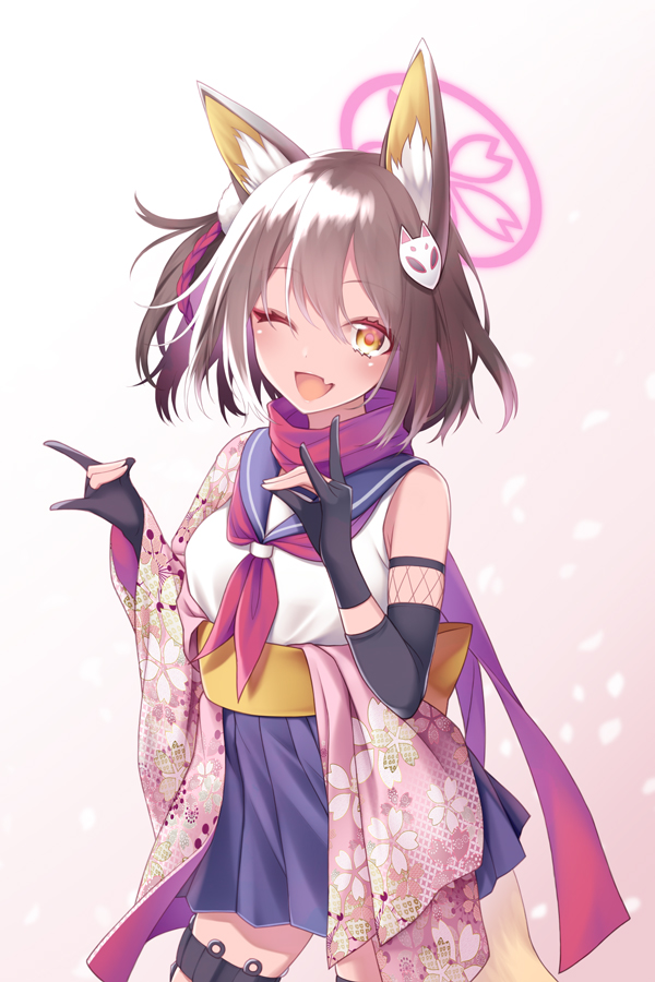 izuna (blue archive) 1girl animal ears one eye closed fox ears solo scarf fang  illustration images