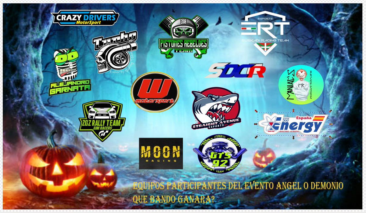 Participantes del evento "Angel o Demonio"🎃🎃🎃
<a href="/ZGZRallyTeam/">ZGZ RALLY TEAM Simracers</a> <a href="/AGarnata/">Alejandro Garnata</a> <a href="/motorsport_w/">W. MOTORSPORT</a> <a href="/TeamPistones/">Pistones Rebeldes Team</a> @ENERGYSGO <a href="/Maniacs_eSports/">Maniac’s Revolution Club de e-Sports</a> <a href="/MoonRacingTeam/">Moon Racing Team</a> <a href="/AvenueStraight/">Straight Avenue eSports</a> <a href="/EquipoTERT/">Turbo Esports Racing Team</a> <a href="/GTSpain92/">GTSpain 92</a> <a href="/SDCR_MORFOLL/">ivan martinez Mármol</a> <a href="/ERT_OficialTEAM/">Euskadi Racing Team Official</a> <a href="/Cardiagnosis_GT/">CarDiagnosisMotorsport</a> 
📆 30 Octubre
🕛 00h
🎙️twitch.tv/vittorio_post?…