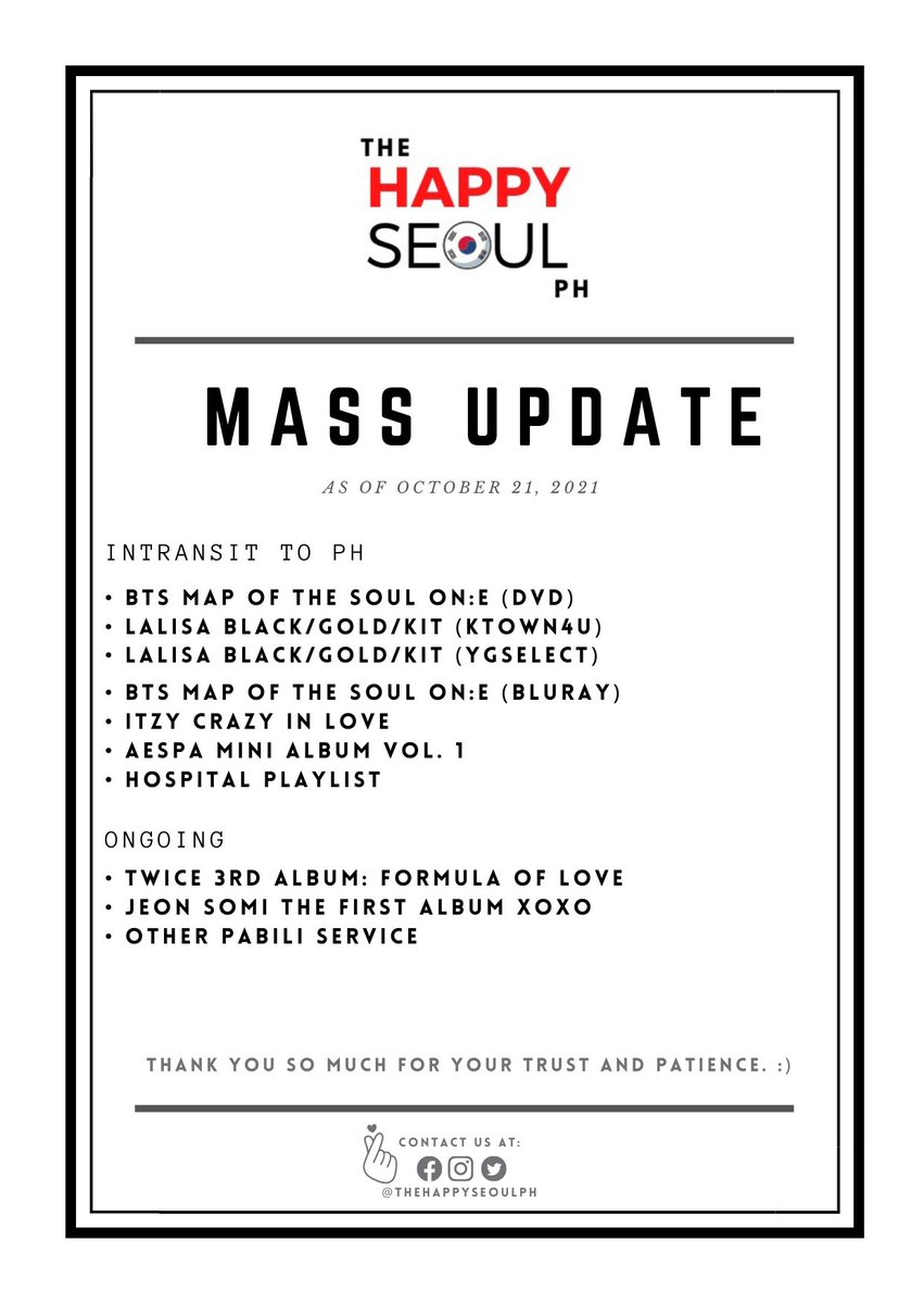 thehappyseoulph's tweet photo. MASS UPDATE: 10-21-21
We apologize for being inactive for the past few weeks due to our work schedule.
#THSPHUpdates https://t.co/bdmE6kkvoN