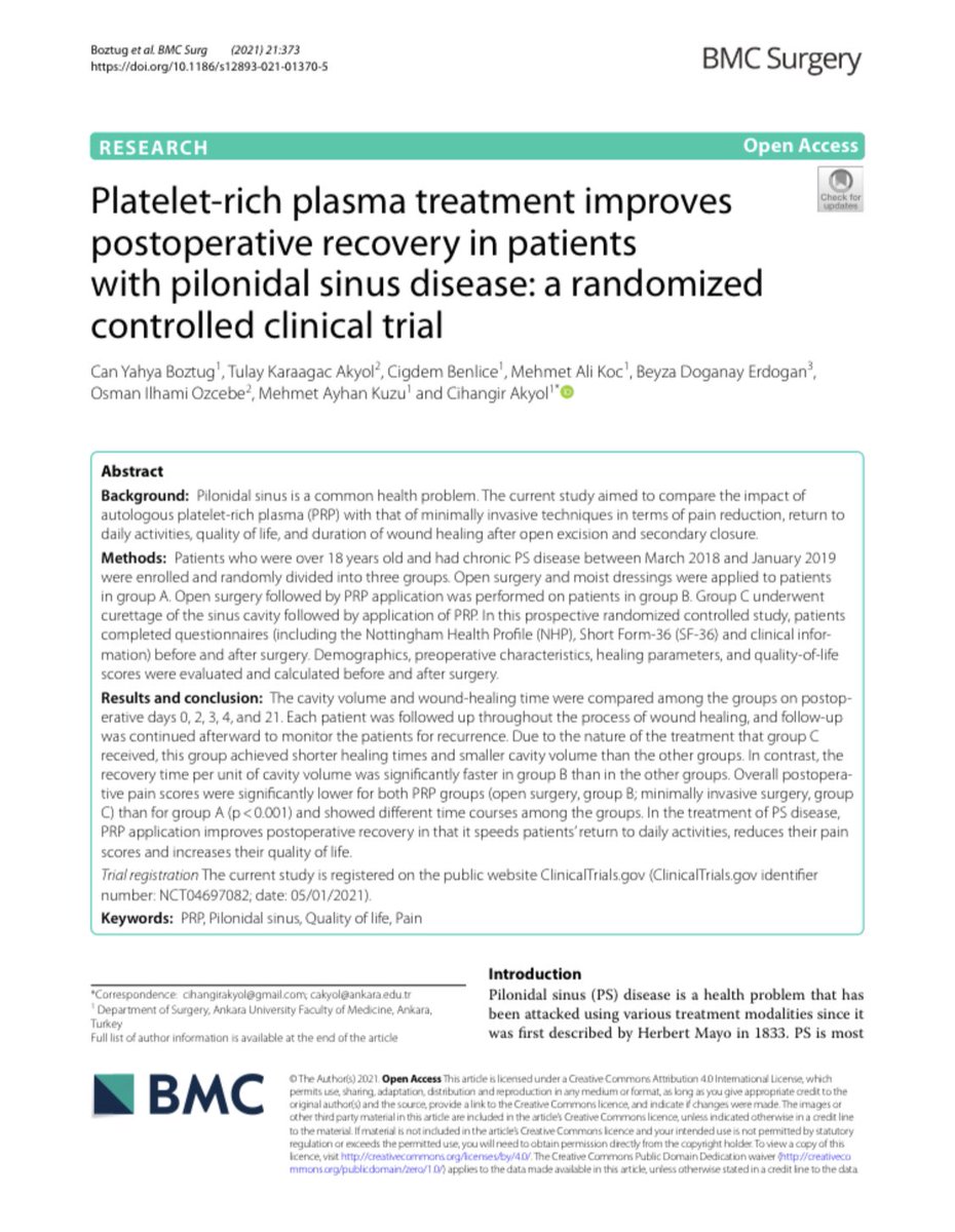 Read my latest #research on “PRP effect on Pilonidal Sinüs Disease”published with @SpringerNature in @BMCSurgery rdcu.be/czUj1.