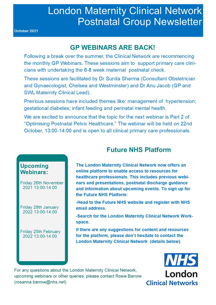 The #NHS #GP webinars supporting #postnatal maternal checks restart tomorrow. Thank you to @DebraBick and #ClaudineDomoney for sharing expertise to support #betterbirths #nhslongtermplan agenda on #pelvicfloordisorders #incontinence #matexp. Email- rosanna.barrow@nhs.net to join