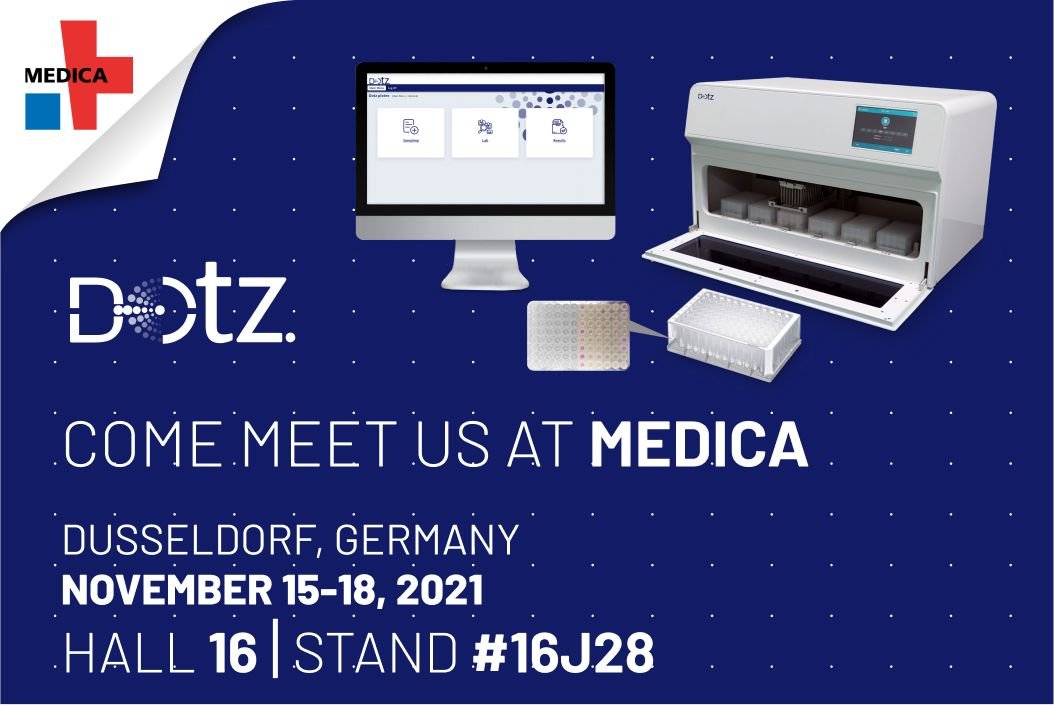 Stop by our booth next month at #MEDICA2021 to learn about our Mega-#Diagnostic Platform, an integrated solution for the rapid and en-masse diagnosis of #COVID19 and others at the point-of-care.

To set up a meeting contact our team at: sales@dotz.tech