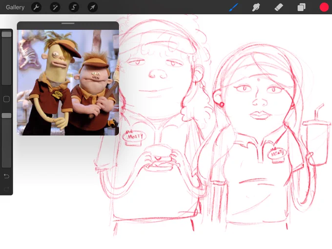 I'm drawing my sister and me as Mr. Meaty workers 