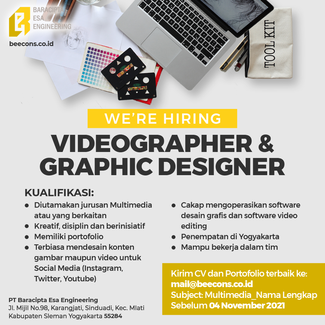 Salam bang <a href="/ezash/">Eza Hazami - ハザミ。エザ</a> &amp; mincot <a href="/hrdbacot/">HRD BACOT</a> , kembali minta tolong retweetnya untuk loker VIDEOGRAFER &amp; DESAIN GRAFIS di PT Baracipta Esa Engineering (penempatan JOGJA), diutamakan yang skill dan portofolionya yang sudah mumpuni (tidak ada minimal pendidikan dan usia) #lokercot