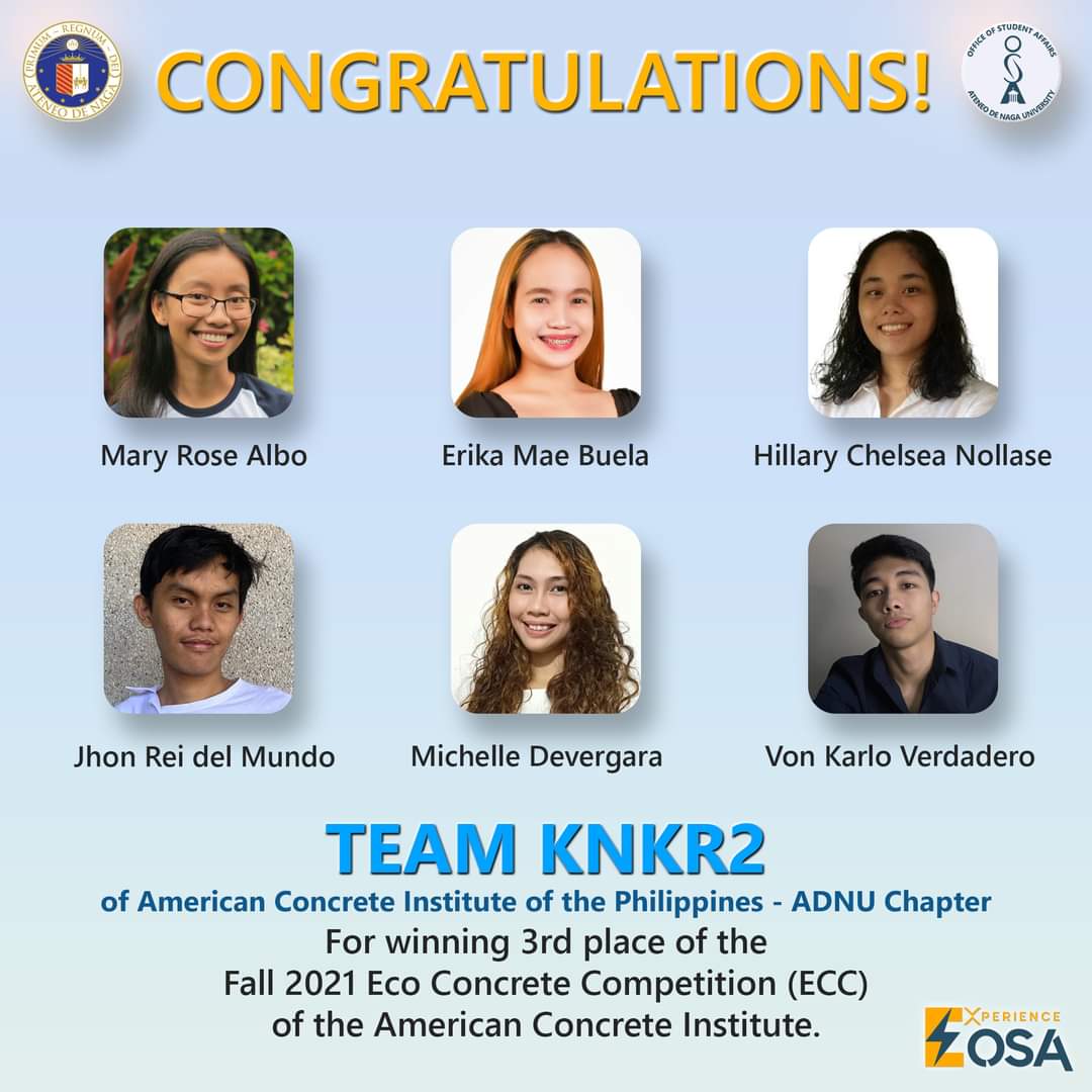 ADNU_Official's tweet photo. Congratulations to the Team KNKR2 of the American Concrete Institute of the Philippines - ADNU Chapter (ACIP-ADNU) for winning the 3rd Place in the Fall 2021 Eco Concrete Competition (ECC) of the American Concrete Institute. We are proud of you!

#AdnuOsa 
#ExperienceOsa https://t.co/opmnCM75En