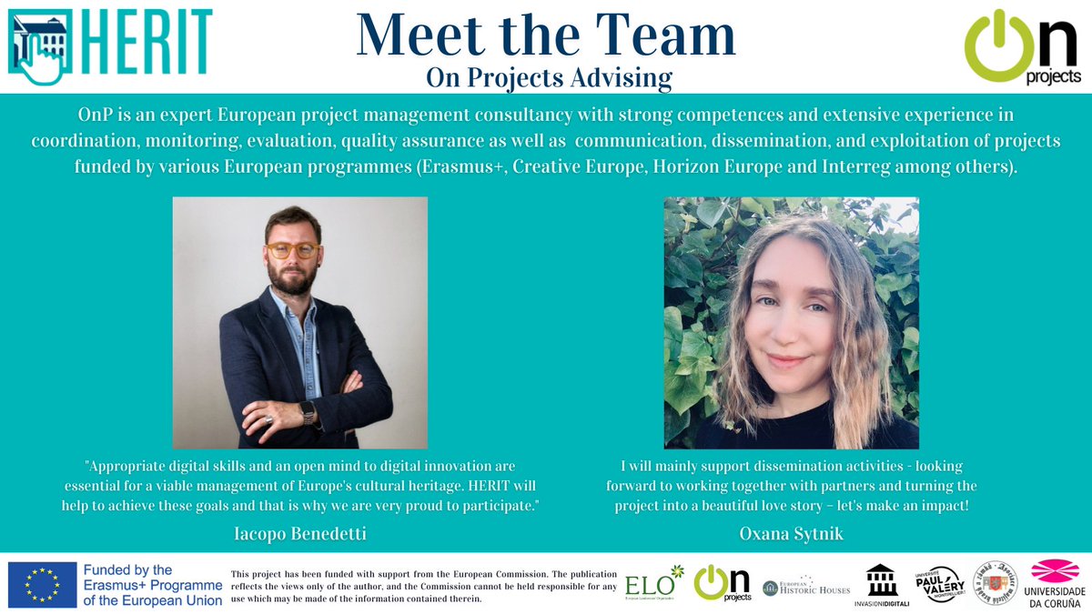ErasmusHerit's tweet photo. 📢Welcome to Day 4 of our Meet the Team Campaign!

We are happy to Introduce Iacopo Benedetti and Oxana Sytnik from @onprojects_es!

On Projects is a management consultancy of experts in EU funds and programs with ample experience ensuring the quality of Erasmus+ Projects! https://t.co/fMiYp8RhpI