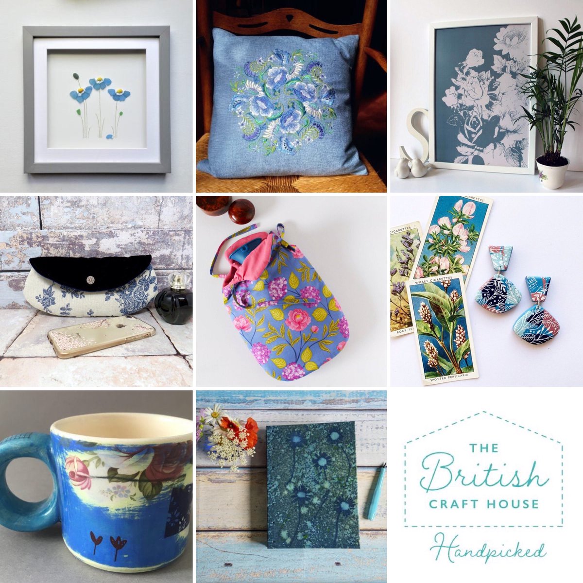 Morning! Time for a #teamworkthursday collage, this features some gorgeous blue floral gifts from the following artisans at <a href="/BritishCrafting/">BritishCraftHouse</a>.  @RHWondering, <a href="/McPots18/">MCPots18</a>, handmade by Holly, @TheWiseOldOwl3, <a href="/onceuponateacup/">Sarah Harris</a>, <a href="/EmbroideredColl/">Pauline Thomas</a>, <a href="/Beachstreetart/">Beach Street Art 🇬🇧</a>, <a href="/wildrosedesign7/">Linda Wild</a> #tbch