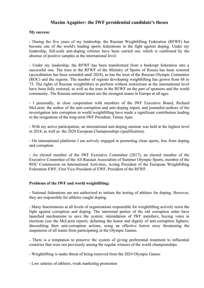MaxAgapitov's tweet photo. My plans for if I am elected as president of the European Weightlifting Federation: https://t.co/aj6wEKUFk7
#iwfnet #cleansport #antidoping #anticorruption #EWF https://t.co/luNpYYI5z0