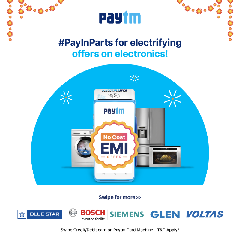 Paytm's tweet photo. We're giving you all the reasons to shop this festive season. Simply ask for Paytm Card Machine and:
✅ #PayInParts with No Cost EMI
✅ Get up to ₹10,000 Cashback
✅ Enjoy offers on top brands & banks