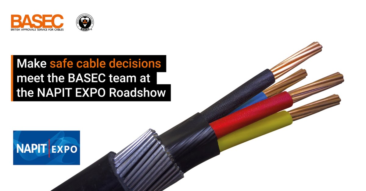 BASECCables's tweet photo. BASEC will be exhibiting at the upcoming NAPIT Expo Technical Roadshow next week in Bracknell on 27th Oct and Swansea on 28th Oct. Sign up for a free ticket to your nearest event here https://t.co/7GfoHIXK0a #cableexperts #cablesafety #thirdpartyapproved #electricalcontractor https://t.co/fgQNEz8NYD