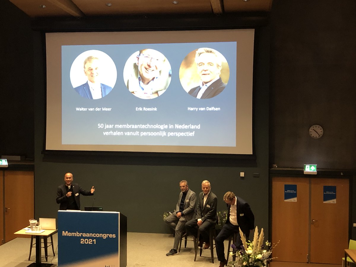MST_UTwente's tweet photo. Membraancongres 2021 at the Water Alliance/Wafilin in Leeuwarden. These 3 gentlemen discuss 50 years of membranes in the Netherlands. #membranes #mstcluster #wafilin #membraancongres2021 https://t.co/Ohhifn5JX1