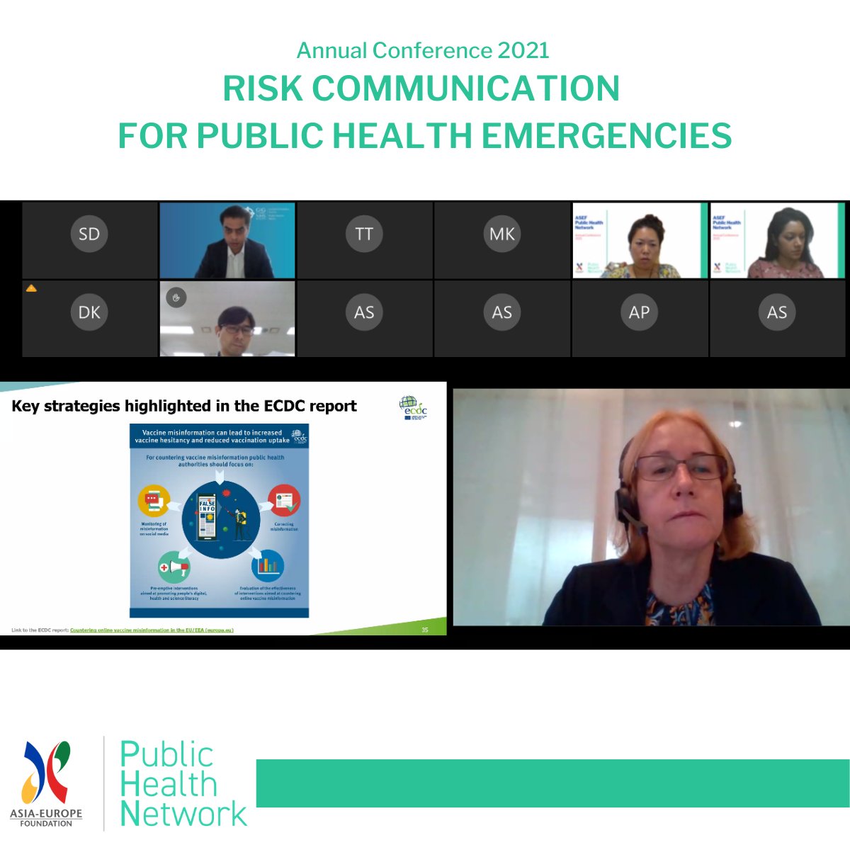 ASEF_PHN's tweet photo. Ms Andrea WÜRZ - Expert Behaviour Change and Risk Communication at @ECDC_EU - point out the importance of trusted sources of information & of ‘being present’ in the #socialmedia landscape to address online #misinformation and #riskcomm for #publichealthemergencies. #ASEFRISKCOMM https://t.co/dlcnFXQ3xA