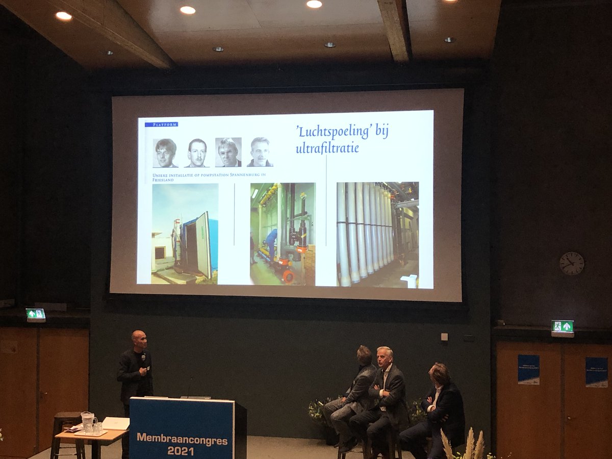 MembraneAntoine's tweet photo. Membraancongres 2021 at the Water Alliance/Wafilin in Leeuwarden. These 3 gentlemen discuss 50 years of membranes in the Netherlands. #membranes #mstcluster #wafilin #membraancongres2021 https://t.co/CIwlNINebq