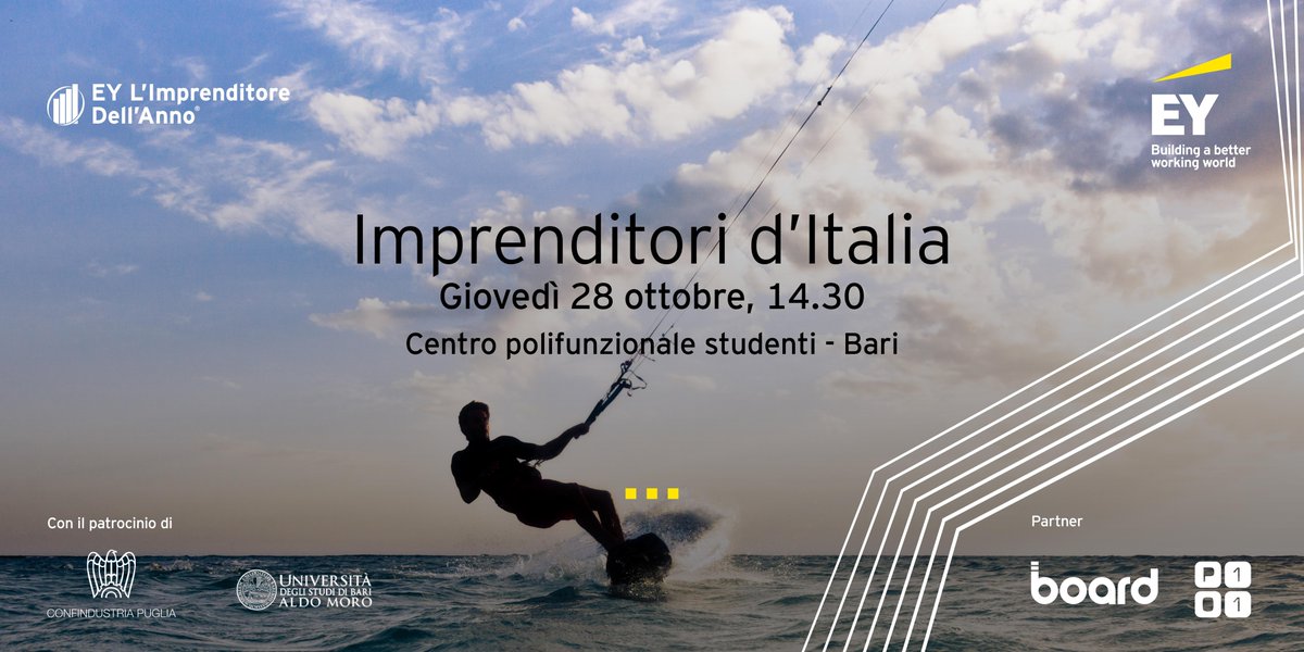 Il 28/10 torna #ImprenditoridItalia, il roadshow del Premio EY L'Imprenditore dell'anno. Analizzeremo punti di forza e trasformazioni necessarie al territorio pugliese per affrontare le prossime sfide.

Agenda e iscrizioni alla diretta streaming qui: ey.com/it_it/calendar…