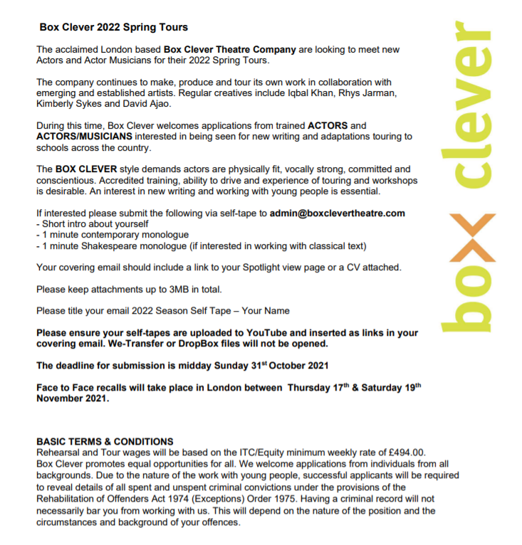 CleverTheatre's tweet photo. CALL OUT🔊 
We are looking to meet new Actors and Actor Musicians for our 2022 Spring Tours. 

Please share this post and see below for the details on how to apply.
If you have any questions feel free to email admin@boxclevertheatre.com https://t.co/Z3tGpiN1pL