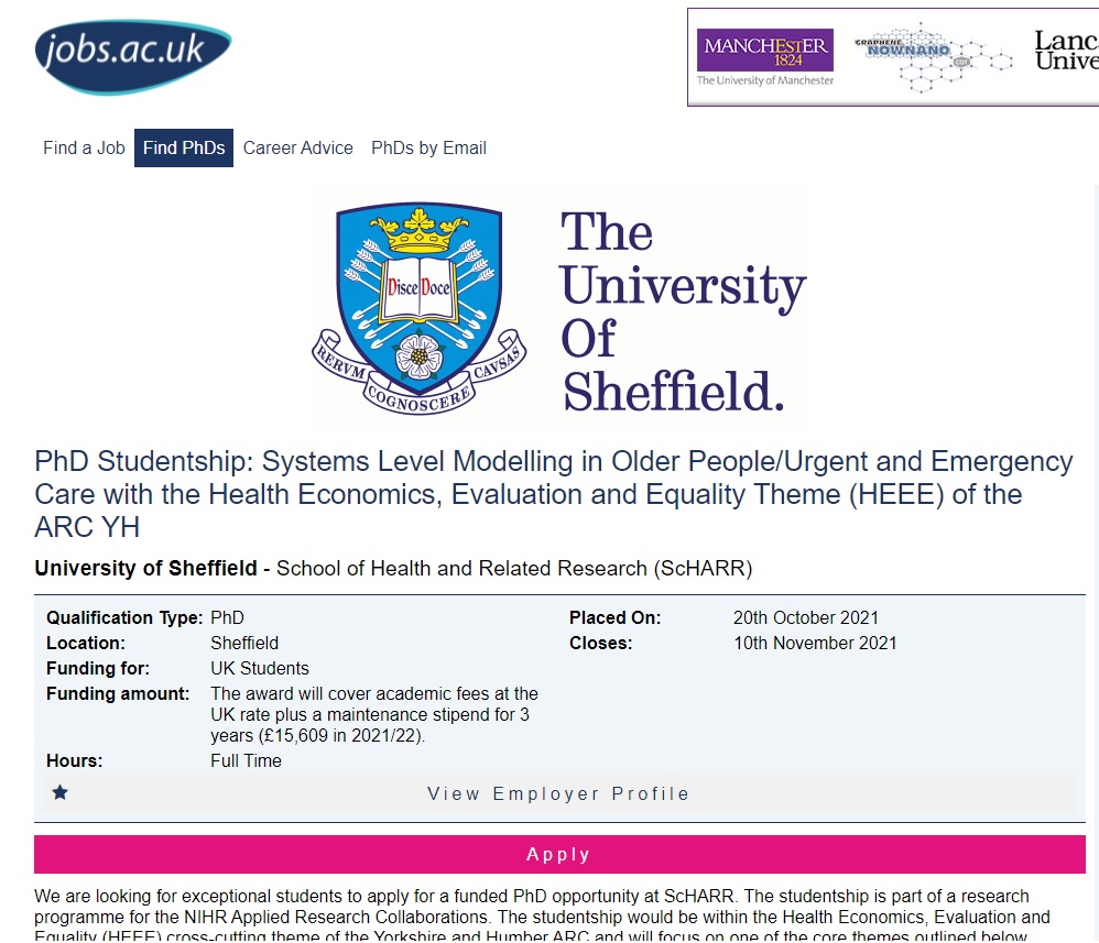 Amanda Lane (@ajanelane) on Twitter photo *PhD funded Studentship Opportunity* - Join our Health Economics theme & apply for a funded PhD in the area of Systems Level Modelling in Older People/Urgent and Emergency Care. Details at: tinyurl.com/r4c94e5k <a href="/sheffielduni/">The University of Sheffield</a> @ScHARRSheffield <a href="/Young4T/">Tracey Young</a> <a href="/NIHR_ARC_YH/">NIHR Yorkshire & Humber ARC</a> <a href="/bojke_laura/">Laura Bojke</a> *PhD funded Studentship Opportunity* - Join our Health Economics theme & apply for a funded PhD in the area of Systems Level Modelling in Older People/Urgent and Emergency Care. Details at: tinyurl.com/r4c94e5k <a href="/sheffielduni/">The University of Sheffield</a> @ScHARRSheffield <a href="/Young4T/">Tracey Young</a> <a href="/NIHR_ARC_YH/">NIHR Yorkshire & Humber ARC</a> <a href="/bojke_laura/">Laura Bojke</a>