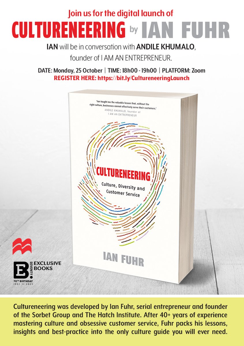 HatchInstitute_'s tweet photo. Cultureneering” takes the reader on a journey of personal development.

Join Ian Fuhr in conversation with Andile Khumalo as they unpack the tools required to build a great company culture.

Register now:
https://t.co/sehN0COGIE https://t.co/Tkalymb3yb