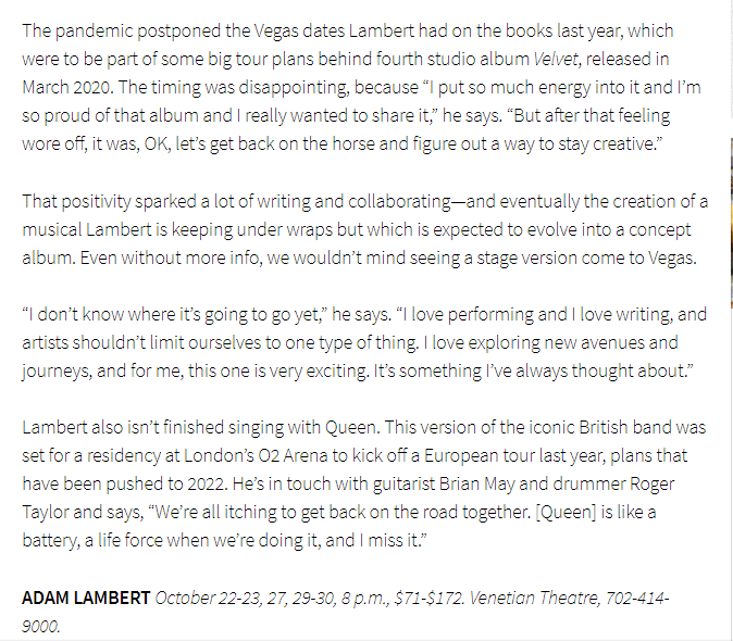 NEW INTERVIEW/<a href="/adamlambert/">ADAM LAMBERT</a> will  broadcast his October 29 Vegas concert live “I feel very lucky to have fans who travel internationally “A lot of them can’t get into the country right now, It just seemed like a great thing to do" ❤️NEW ALBUM TALK &amp; VELVET 
lasvegasweekly.com/ae/music/2021/…