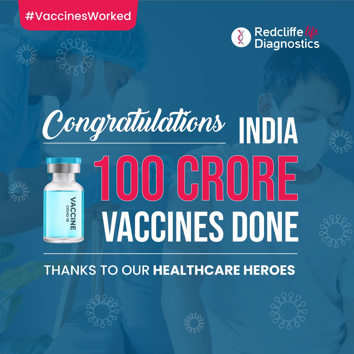 redcliffelab's tweet photo. Accomplished milestone!
Country's mega COVID-19 vaccine drive hit a high of 100 crore vaccines today! Heartiest thanks to our healthcare heroes.

#Redcliffelabs #Redcliffecares #VaccinesSaveLives  #RedcliffeLifeDiagnostics #trending #homesamplecollection #vaccines #vaccinesworked https://t.co/nPh8gUb1z6