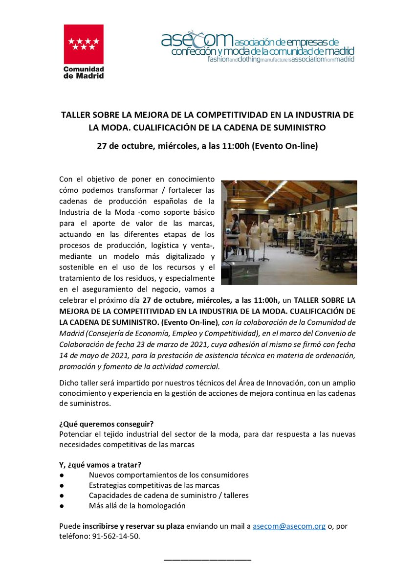 ¡Quedan solo 6 días para nuestro próximo taller! 🤩 
Junto a <a href="/AsecomMadrid/">Asecom</a> y <a href="/ComunidadMadrid/">Comunidad de Madrid</a> pondremos en conocimiento cómo podemos transformar y fortalecer las cadenas de #producción españolas de la Industria de la #Moda 👚