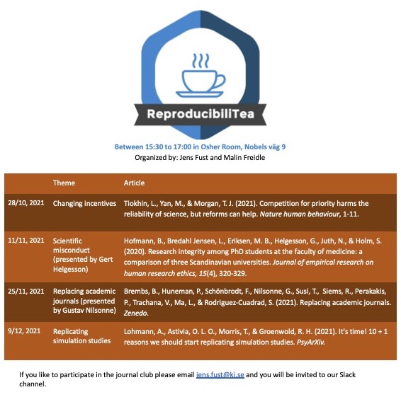 #ReproducibiliTea KI returns next week (in Solna and on Zoom). Send me an email (see picture) if you want to be invited to our Slack channel.