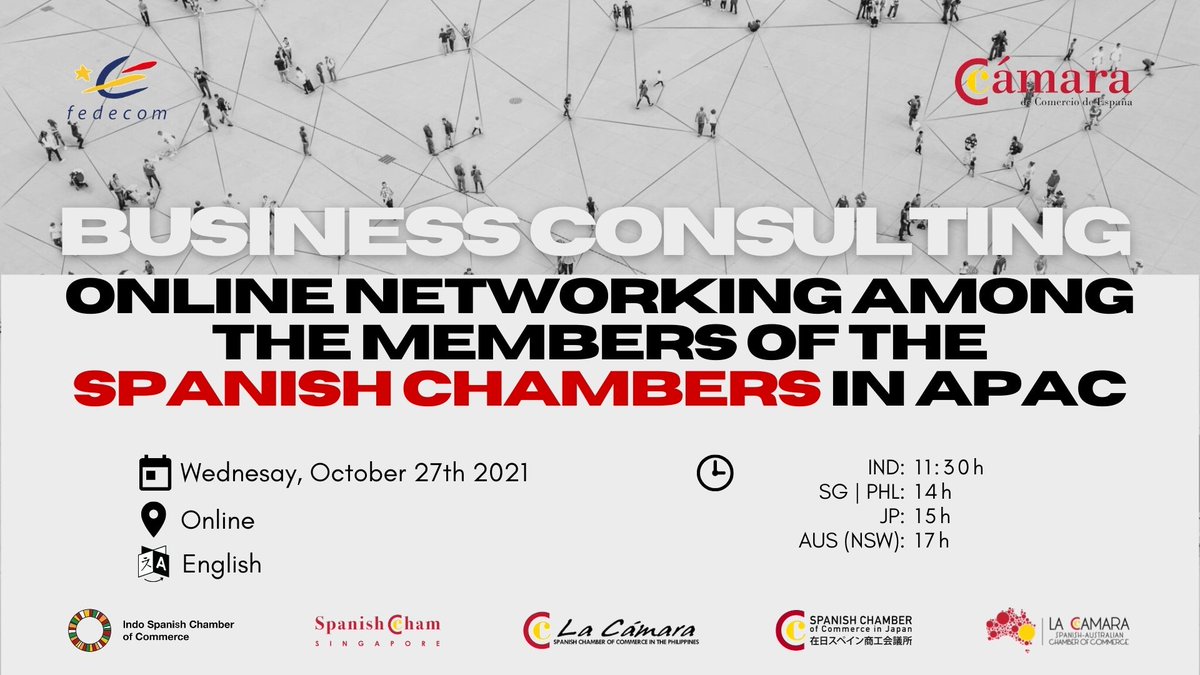 ESCCKorea's tweet photo. Join our seminar: "Networking Event among the Members of the Spanish Chambers of Commerce in APAC: Consulting Sector" Date: 27/10/2021 Register now:https://t.co/v7EkEoPaAG https://t.co/LWejDdQgya