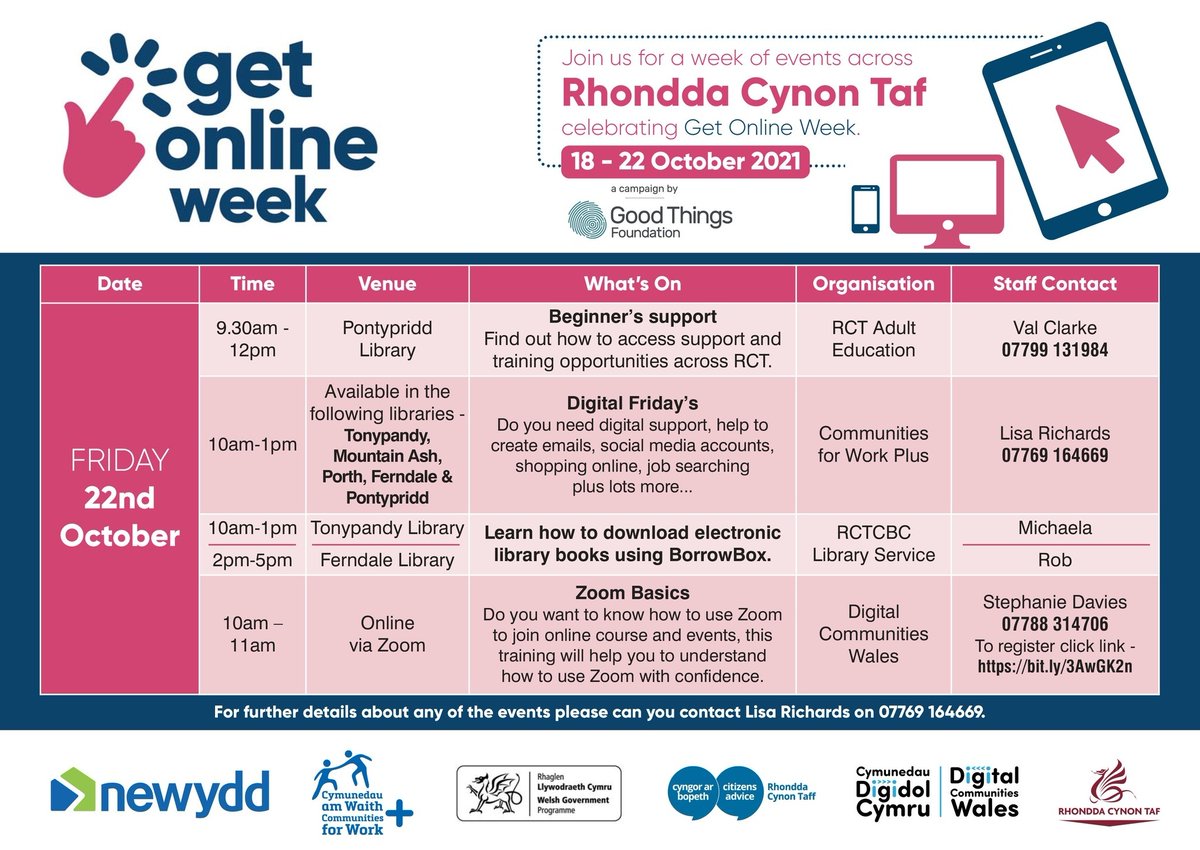 Fridays are Digital in RCT! Get in touch to book into one of our Digital Fridays sessions tomorrow. We can help you improve your digital skills on your own device or borrow one of ours :) #Getonlineweek2021