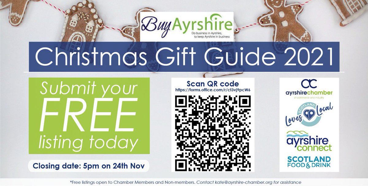 🤶 The @BuyAyrshire Christmas Gift Guide 2021 has opened for listings! Visit bit.ly/3nkE57A or email kate@ayrshire-chamber.org for details. Listings are FREE for all Ayrshire businesses. 📆 24th Nov 2021 at 5pm #Ayrshire #BuyAyrshireThisChristmas #ScotlandLovesLocal