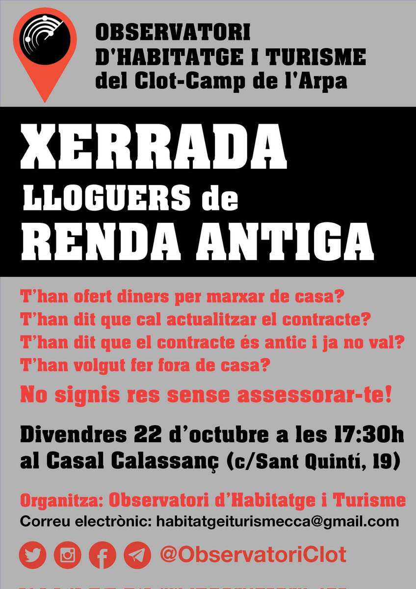 Si tens un lloguer de renda antiga, anterior al maig de 1985, vine a la xerrada informativa que farem aquest divendres al Casal Calassanç, 17:30h. Tot el que explicarem t'interessarà!