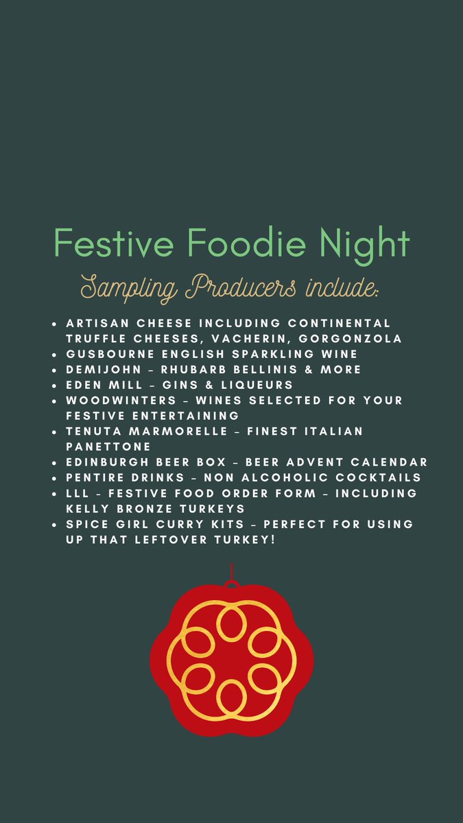 SAVE THE DATE

We are delighted once more to welcome the return of our Festive Food &amp; Drink Night, 12 Nov 4-8pm.
 
It’s a great chance to pick the brains of some of our fantastic suppliers/producers, sample their delicious food/drink &amp; get your orders in early.

It’ll be fun!