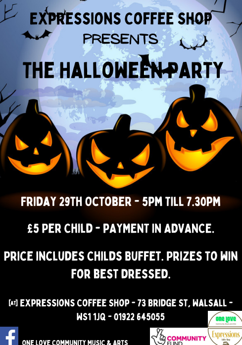 OneLoveWalsall's tweet photo. Expressions Coffee Shop - Presents - The Halloween Party.
If anyone would like to purchase a ticket or requires any more information please send us a direct message or telephone Carol on 01922 645055.
Please like and share. https://t.co/L7mZQ8mjtj