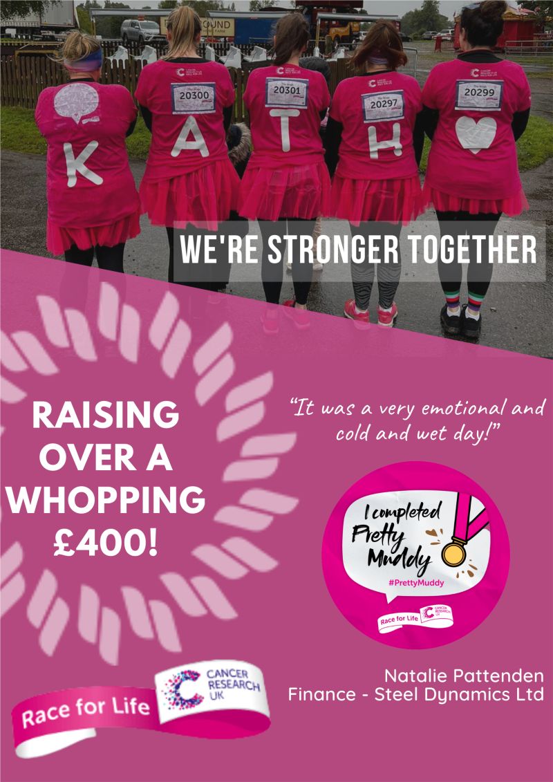 steel_dynamics's tweet photo. We're super proud of Natalie Pattenden from our Finance team, who raised over a whopping £400 for #CancerResearch by taking part in the Race for Life Pretty Muddy challenge! Well done Natalie! #raceforlife #prettymuddy5k #awareness #getinvolved https://t.co/xrPRX1cjMe