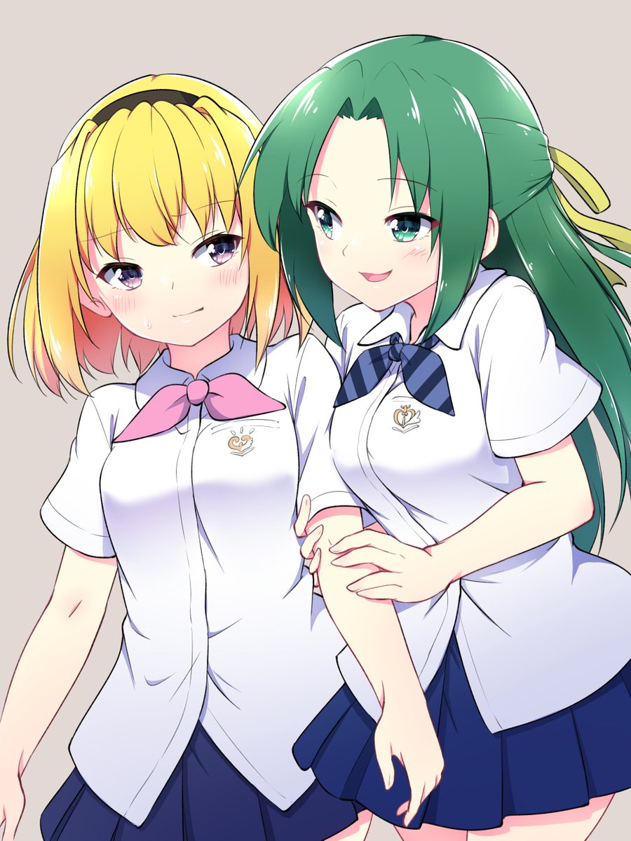 houjou satoko ,sonozaki shion multiple girls 2girls blonde hair green hair green eyes long hair skirt  illustration images