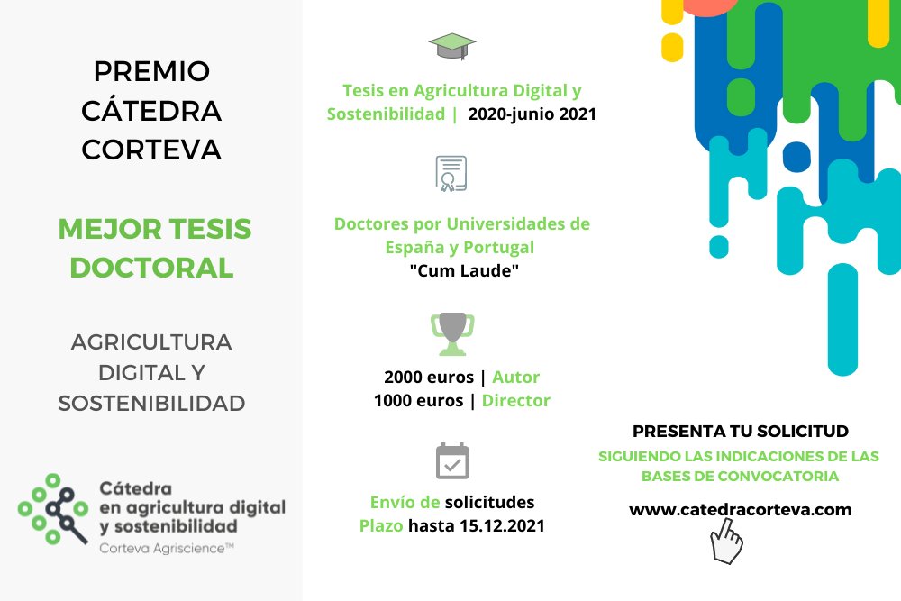 ¿Quieres ganar el #PremioCátedraCorteva a la #MejorTesis en #AgriculturaDigital? 
🏆 2000 euros para ti y 1000 para tu director🎉🎉
🗓️ Plazo de candidaturas: 15.12.2021
 📃Bases de convocatoria 👉 bit.ly/30MgPro
¡No pierdas la oportunidad!