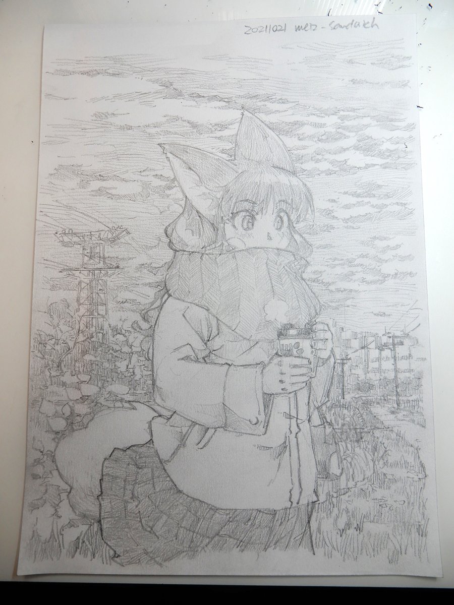 【アナログ1601】病院の待ち時間に描いた絵。朝9時過ぎに出て、帰ってきたのが15時前くらいと、毎度の長さ。音楽を聴くのも、検査の都合で活字を読むのも難しいので、絵が描けるのはほんと助かる。ダイソーのシャープ鉛筆(?)というようなのを使用。
#ラフ #狐娘 #鉛筆画 