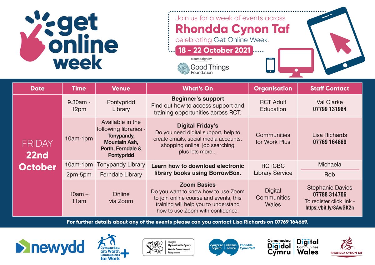 Last day of activities tomorrow for #GetOnlineWeek If you haven't had chance to get down so far, there are still lots of awesome things going on across @RCTCouncil libraries and even an online Zoom basics session from the wonderful @DC_Wales