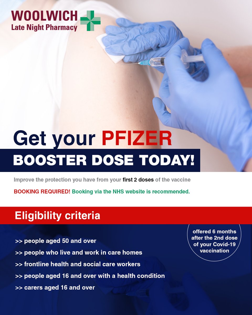 Get your booster dose of the Pfizer at Woolwich Late Night Pharmacy - the best protection against covid-19.
@NHSGreenwichCCG , @ourhealthiersel,  
@NHSSELondonCCG, @Royal_Greenwich
 #pfizerbiontech #pfizer #Booster #COVID19