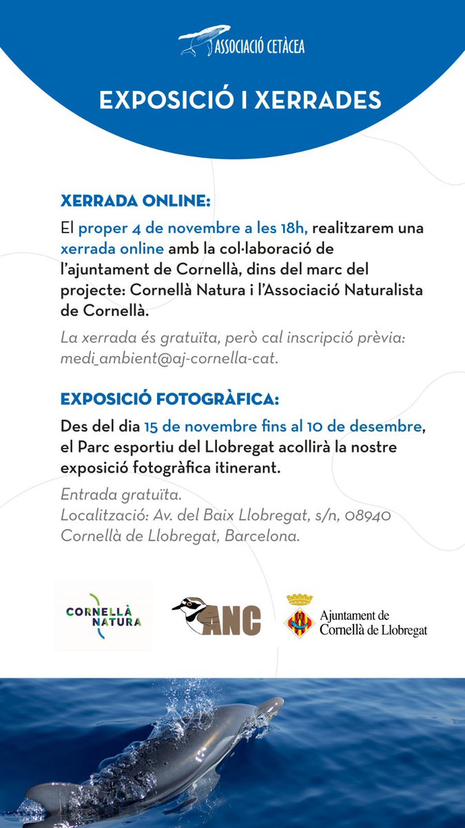 ACetacea's tweet photo. Aquestes son les activitats que tenim programades per les properes setmanes. 

Per la xerrada, cal inscripció prèvia.👇 https://t.co/aFzPW0uEhc