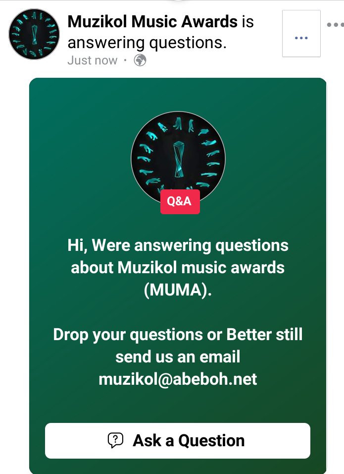 Hi, Were answering questions about Muzikol Music Awards .

Drop your questions or Better still send us an email muzikol@abeboh.net

#MUMA2021 #muzikolmusicawards