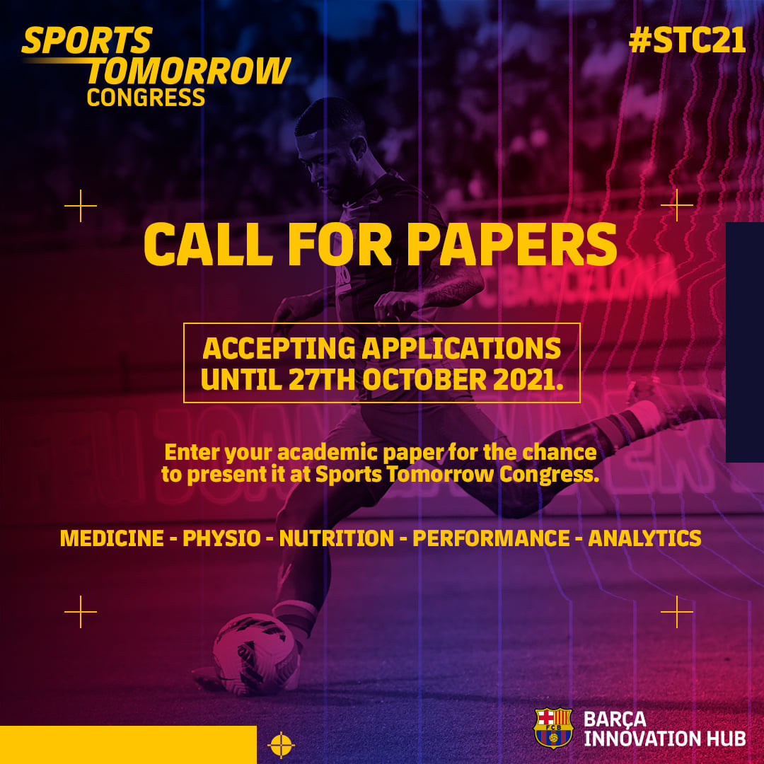 ConsejoCOLEF's tweet photo. 🚨CALL FOR PAPERS🚨

¡Últimos días para presentar tu abstract al Sports Tomorrow Congress!

👉 https://t.co/ec3traICMi 👈

Un evento con carácter científico y divulgativo del @BarcaInnoHub que se celebrará del 8 al 12 de noviembre. https://t.co/iMLVOVJ5ev